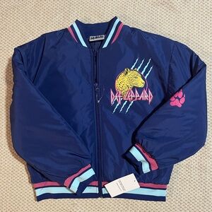 Blue and Pink Puffer Jacket with Sporty Design Def Leppard